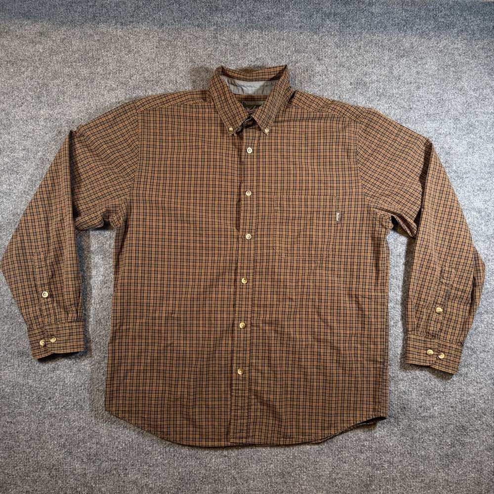 Woolrich Men's Large L 100% Cotton Plaid Button Up Shirt Brown Long Sleeve